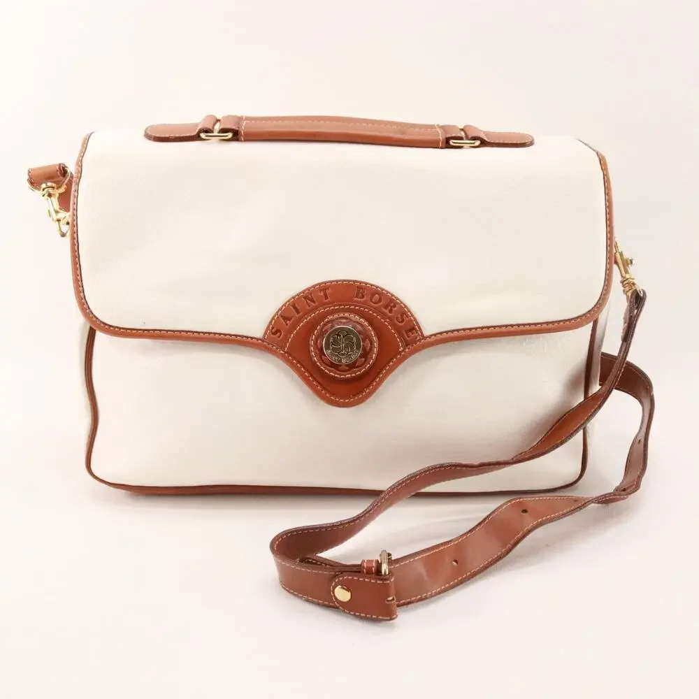 Vtg Saint Borse Handbag Women Medium Ivory Brown Pebble Leather Shoulder Bag